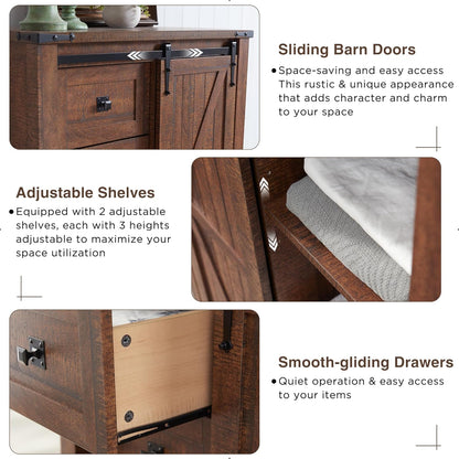T4TREAM 5 Drawers Dresser for Bedroom w/Sliding Barn Door, Farmhouse Modern Dresser Tall 5 Chest of