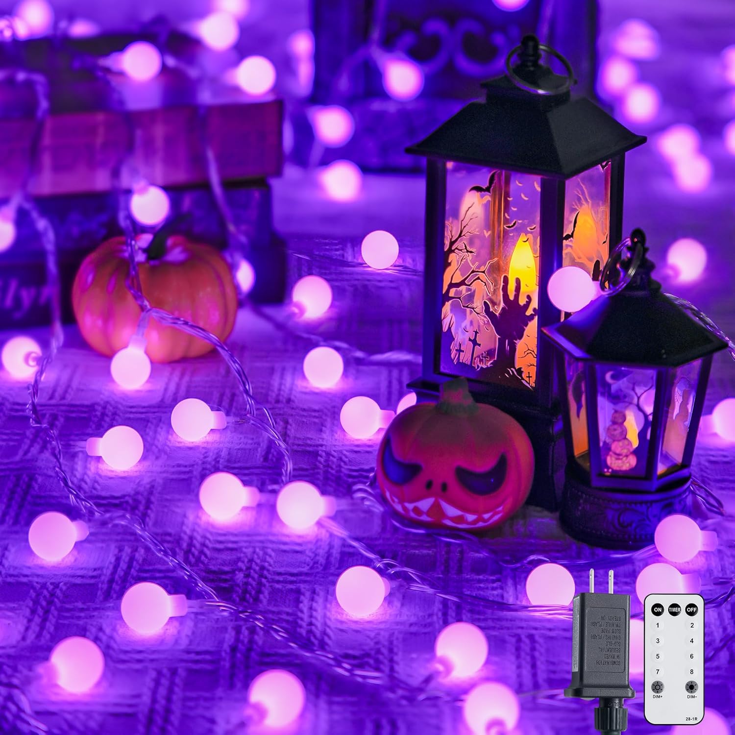 JMEXSUSS Purple Halloween Lights Indoor, Connectable 100 LED Globe String Lights Plug in with