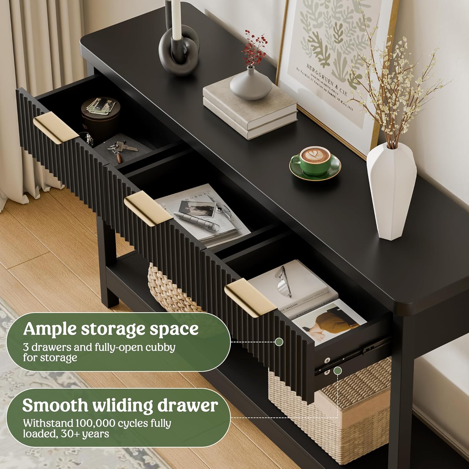 Lulive 51" Fluted Console Table for Entryway, Entryway Table with 3 Wooden Drawers, Farmhouse