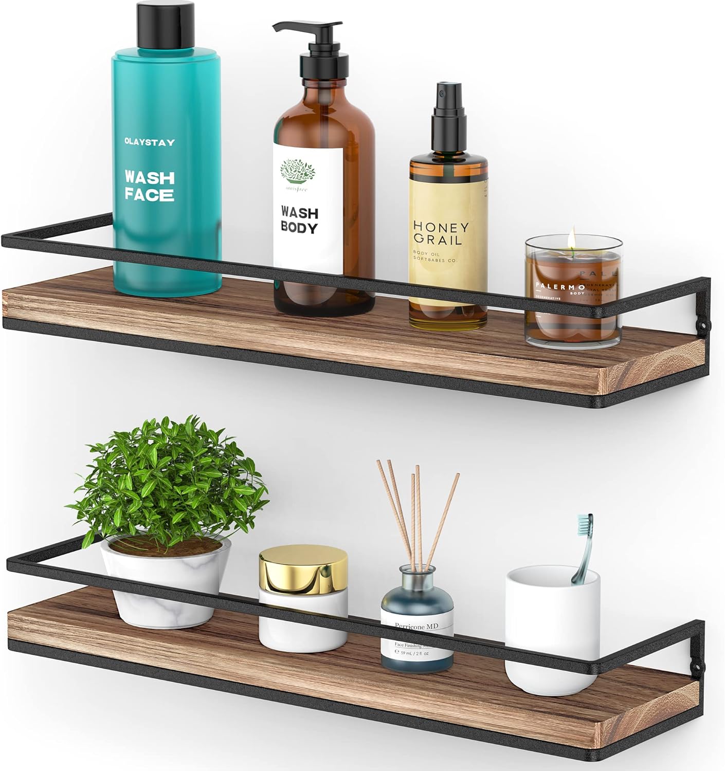 Meangood Floating Shelves Wall Mounted Set of 2, Rustic Wood Wall Storage Shelves for