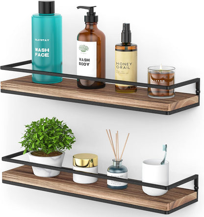 Meangood Floating Shelves Wall Mounted Set of 2, Rustic Wood Wall Storage Shelves for
