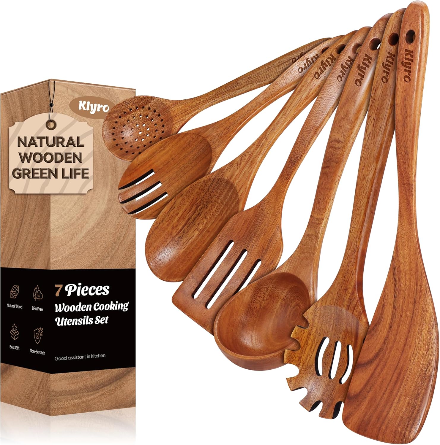Kitchen Utensils Set, 7 Piece Premium Cooking Utensils Set, Durable Non-Stick Wooden Spoons for