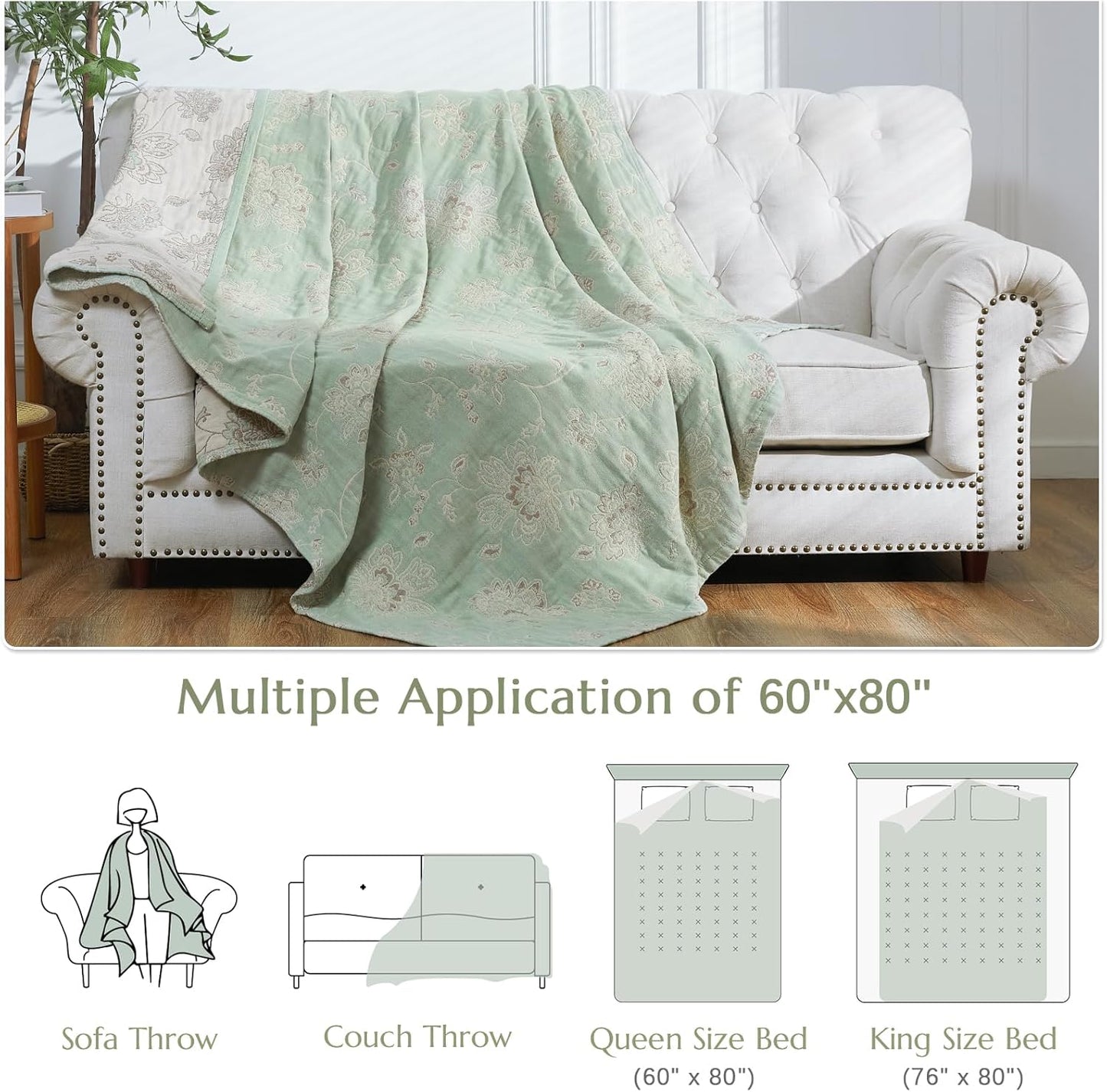jinchan Boho 100% Cotton Muslin Twin Size 60x80 Inches Blanket Lightweight 4-Layer Quilted Soft