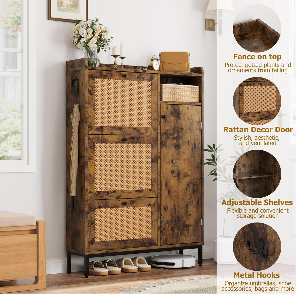 GarveeHome Shoe Cabinet Rattan with 3 Flip Drawers