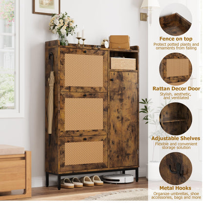 GarveeHome Shoe Cabinet Rattan with 3 Flip Drawers