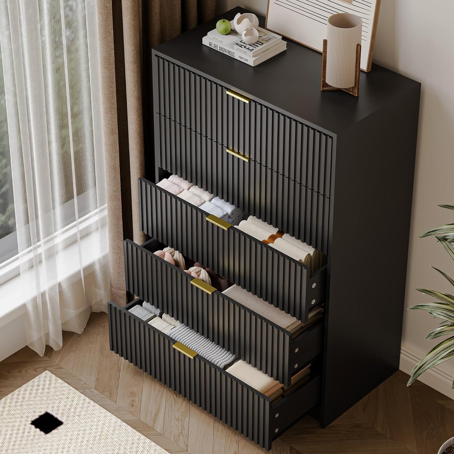 5 Drawer Dresser for Bedroom, Tall Dresser Chest of Drawers with Gold Handles, 32 Inch Wide