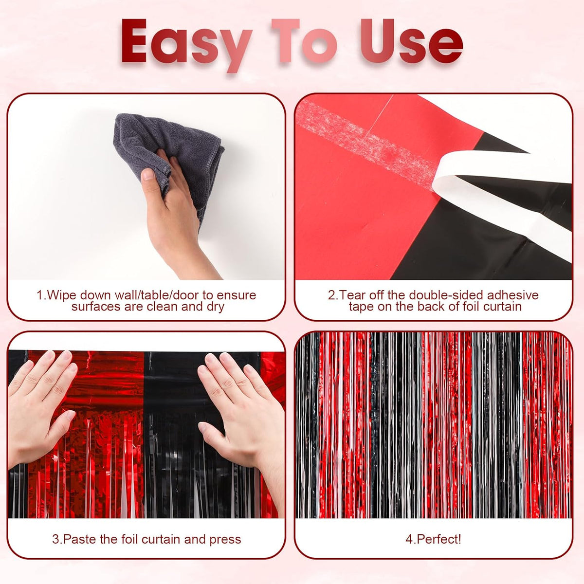 3 Pack 3.3x8.2 Feet Red and Black Foil Fringe Backdrop Curtains, Tinsel Streamers Birthday Party