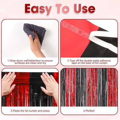 3 Pack 3.3x8.2 Feet Red and Black Foil Fringe Backdrop Curtains, Tinsel Streamers Birthday Party