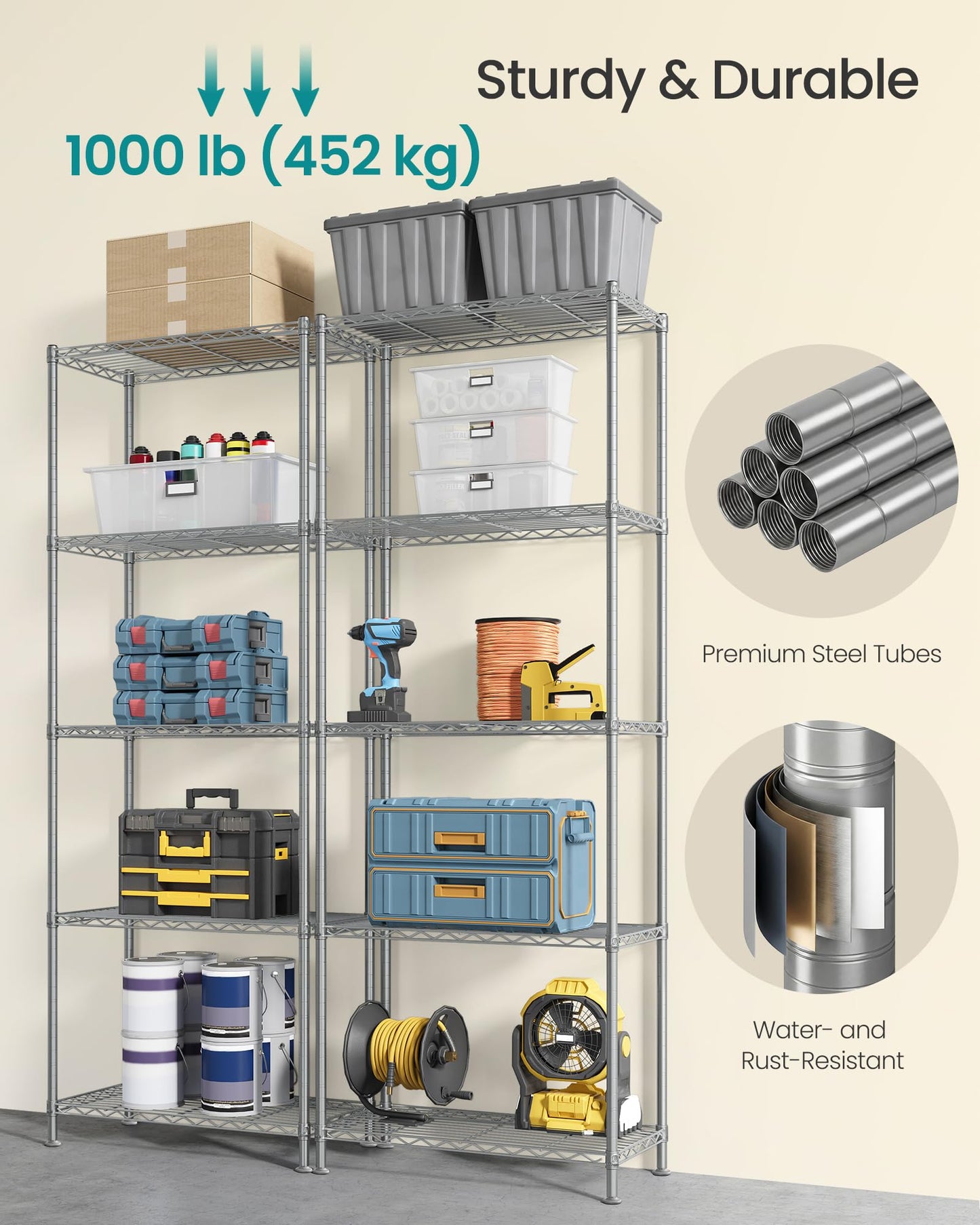 SONGMICS Storage Shelf, Metal Wire Shelving Unit, Adjustable Shelves, for Garage, Bedroom, Living
