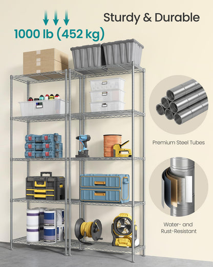 SONGMICS Storage Shelf, Metal Wire Shelving Unit, Adjustable Shelves, for Garage, Bedroom, Living