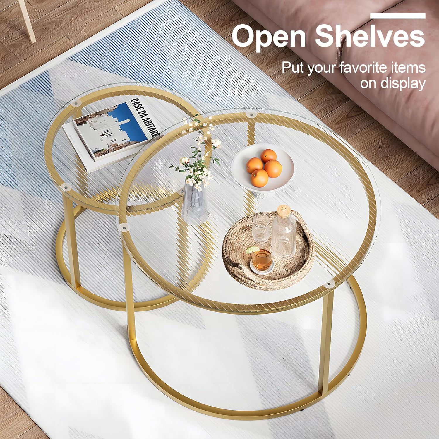 aboxoo Nesting Coffee Table Set of 2, Small Round Glass Nesting Tables for Living Room Bedroom
