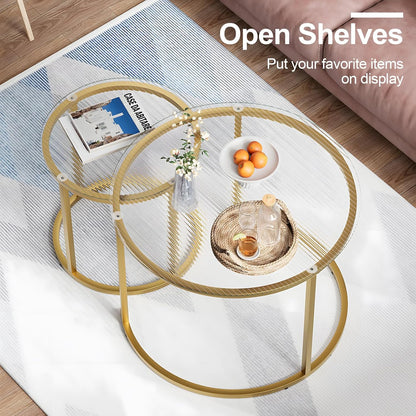 aboxoo Nesting Coffee Table Set of 2, Small Round Glass Nesting Tables for Living Room Bedroom