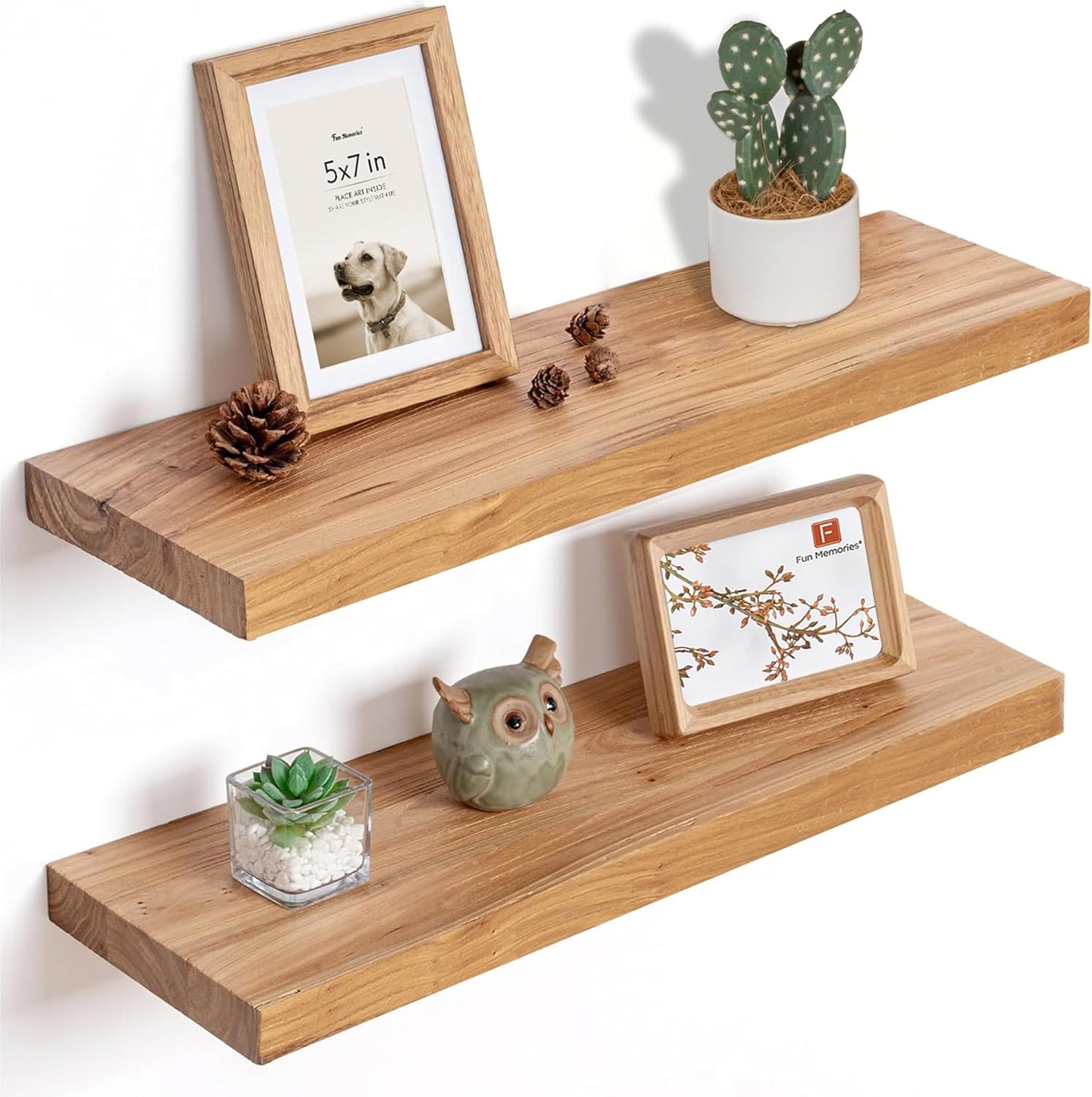 Fun Memories Floating Shelves for Wall, 24"x9.3" Rustic Solid Elm Wood Shelves, Heavy-Duty Wall