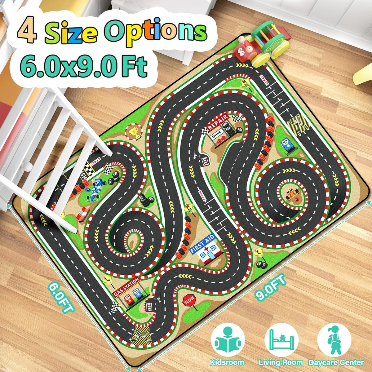 Kids Rug, Race Track Baby Play Mats, Realistic 3D Cascading Surround Route, 6x9 Ft Kids Rug for