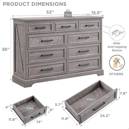 Farmhouse 9 Drawer Dresser for Bedroom, 36 Inch Tall Modern Dresser TV Stand with Large Drawers &