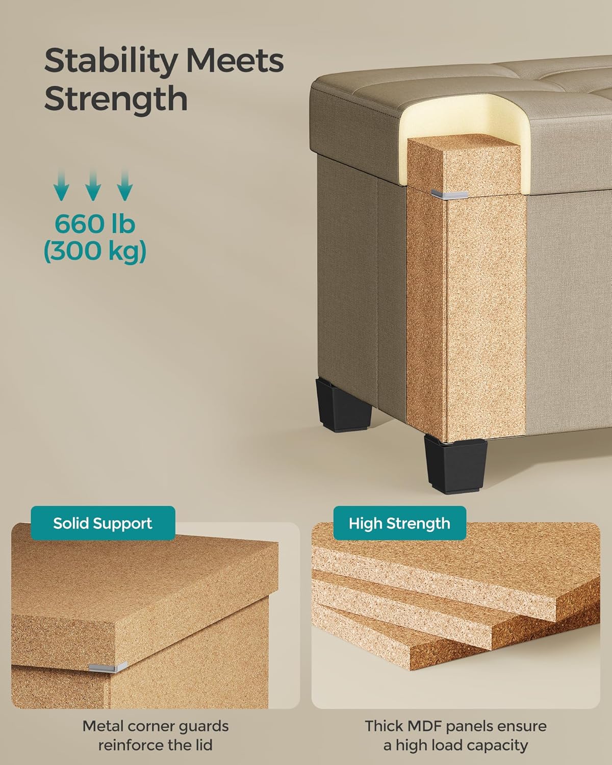 SONGMICS Storage Ottoman Bench, Foldable Foot Rest with Legs, 15 x 43 x 15.7 Inches, End of Bed