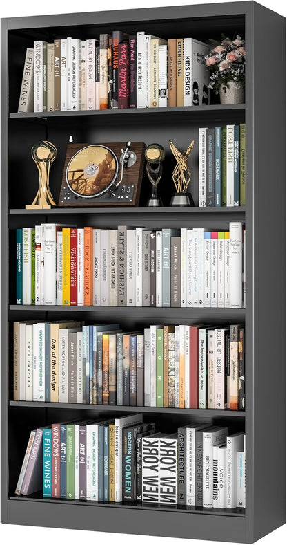 66" Tall Metal Bookcase, 5 Shelf Black Bookcase with Adjustable Shelves, Large Bookshelves and