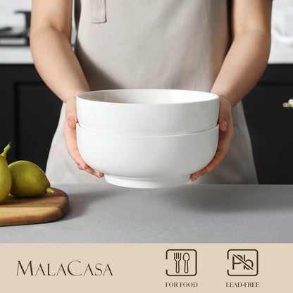 MALACASA Large Serving Bowls - 60 OZ (8") Salad Bowls Set of 2, White Mixing Bowls for Kitchen