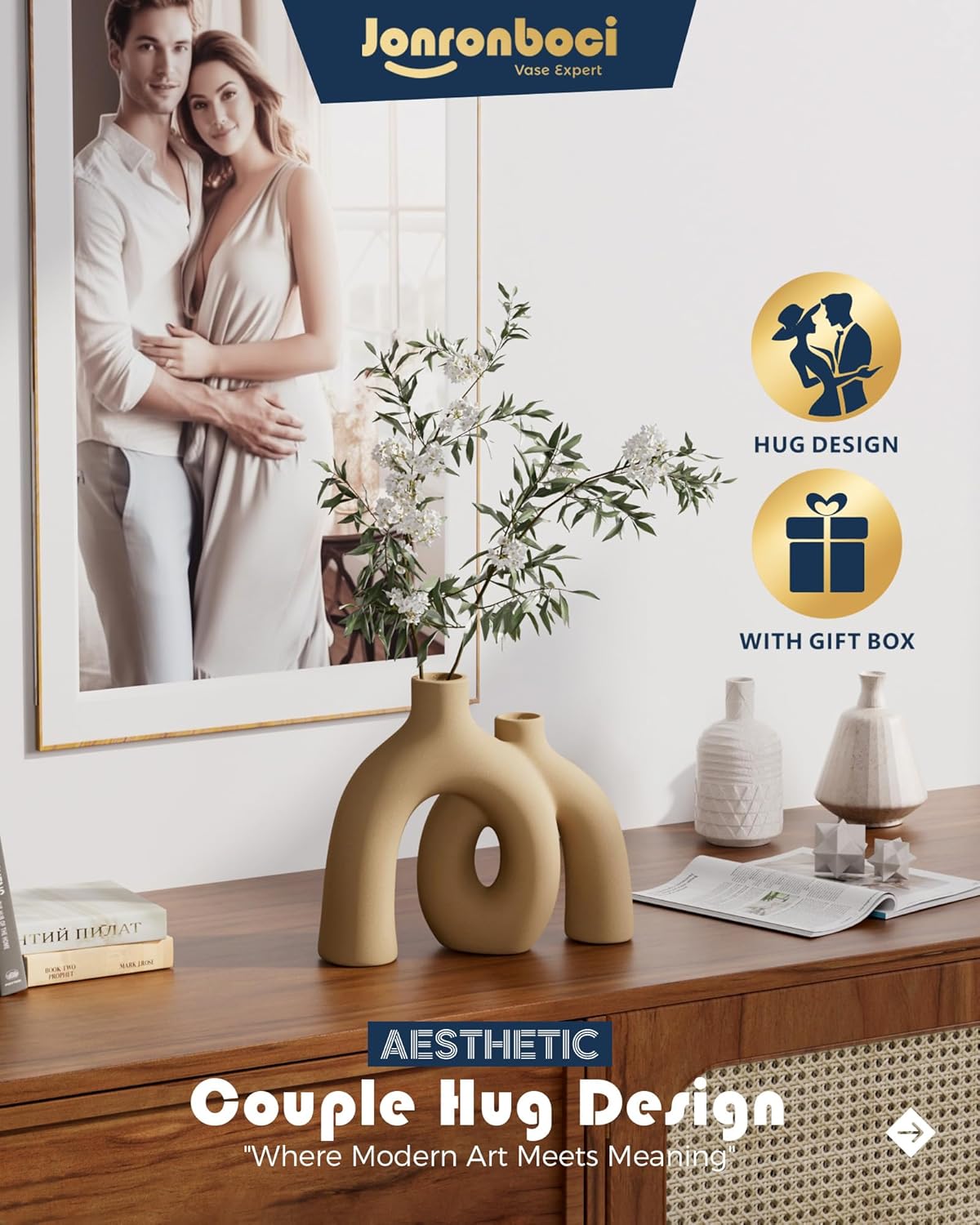 Hug Donut Decorative Vase Set - Tan Modern Rustic Farmhouse Style Vases Home Decor,Matte Ceramic