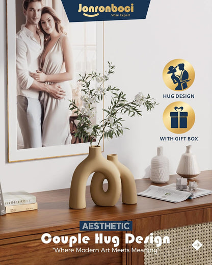 Hug Donut Decorative Vase Set - Tan Modern Rustic Farmhouse Style Vases Home Decor,Matte Ceramic