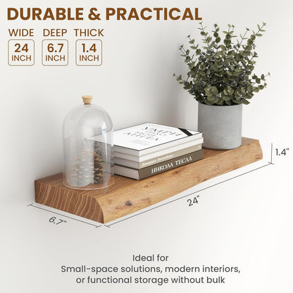 24" Floating Shelves, Live Edge Solid Elm Wood Floating Shelf, Wall Mounted Display Shelves with