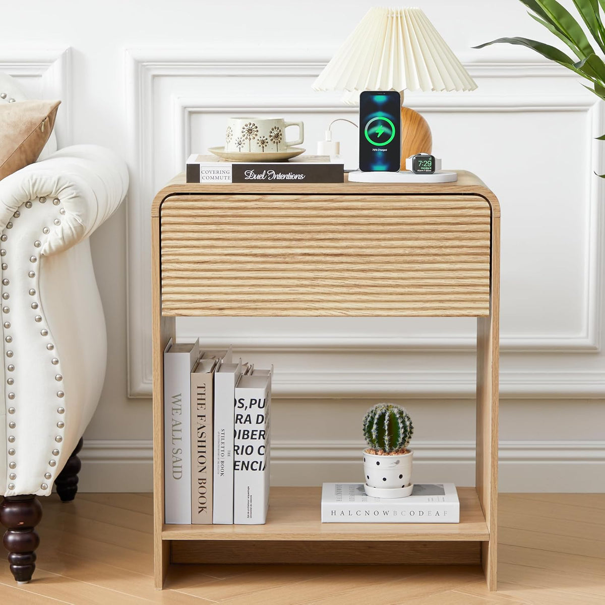Fluted Nightstand with Charging Station, Mid Century Modern Bed Side Table End Table with Drawer