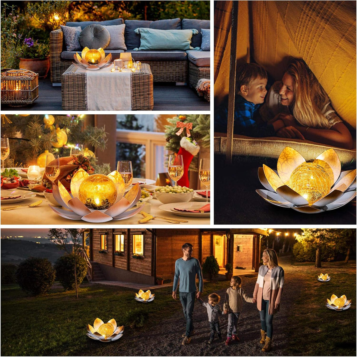 Garden Solar Lights Outdoor(2Pack) , Amber Crackle Globe Glass Lotus Decoration , Waterproof Orange