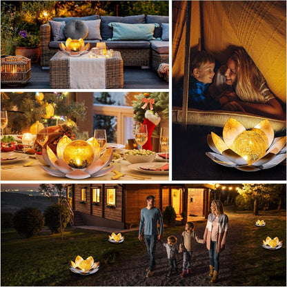 Garden Solar Lights Outdoor(2Pack) , Amber Crackle Globe Glass Lotus Decoration , Waterproof Orange