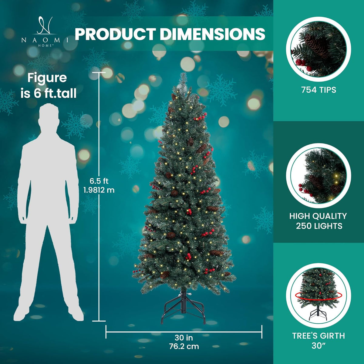 Naomi Home Belen 6.5ft Pencil Christmas Tree Prelit pre-Decorated with Pine Cones, Red Berries, 754
