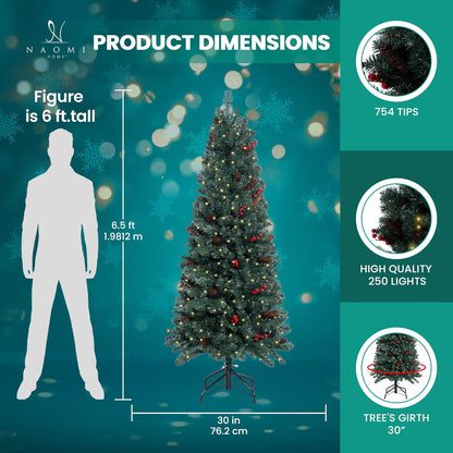 Naomi Home Belen 6.5ft Pencil Christmas Tree Prelit pre-Decorated with Pine Cones, Red Berries, 754