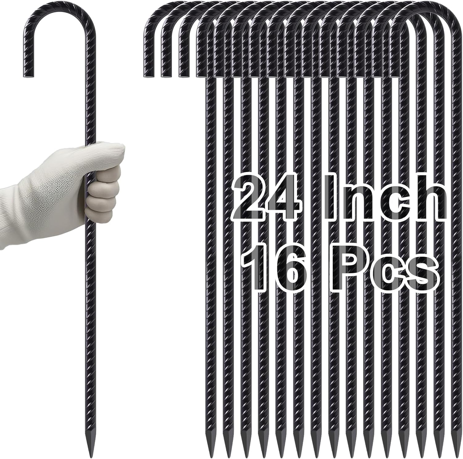 VVOKGO Rebar Stakes 24 Inch J Hook Heavy Duty Ground Anchors (16pcs), 3/8 Inch Diameter Metal Steel