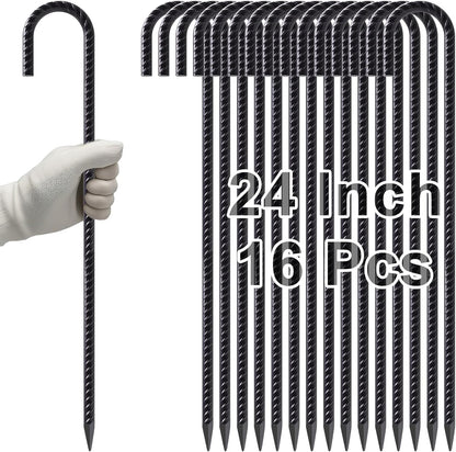 VVOKGO Rebar Stakes 24 Inch J Hook Heavy Duty Ground Anchors (16pcs), 3/8 Inch Diameter Metal Steel