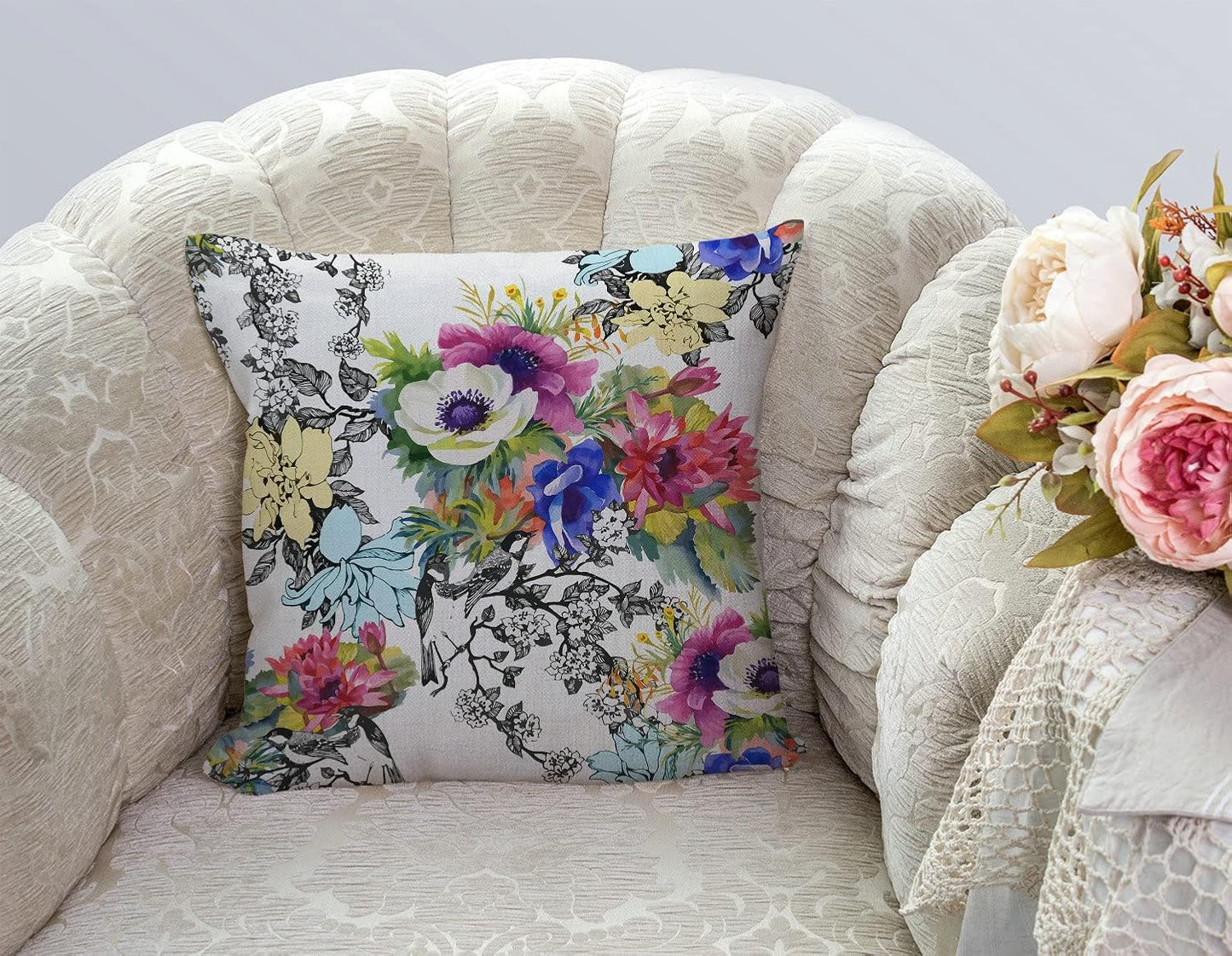TSSOHU Throw Pillow Cover Vivid Colorful Garden Print Blossoming Wildflowers Birds Leaves Branches