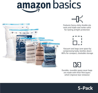 Amazon Basics Vacuum Compression Zipper Storage Bags With Hand Pump, Medium, Clear, 5-Pack, White