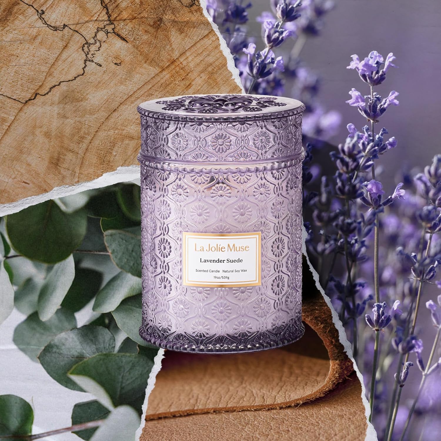 LA JOLIE MUSE Lavender Suede Candle – Eucalyptus, Lavender & Sandalwood 19 oz Large Wooden Wick