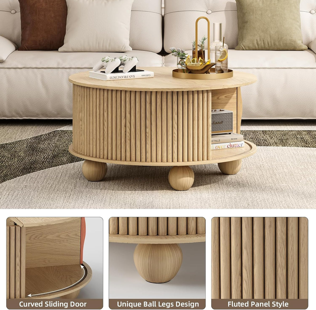 Round Coffee Table with Storage,Fluted Lift Up Coffee Table with Sliding Door,31.5" Drum Center