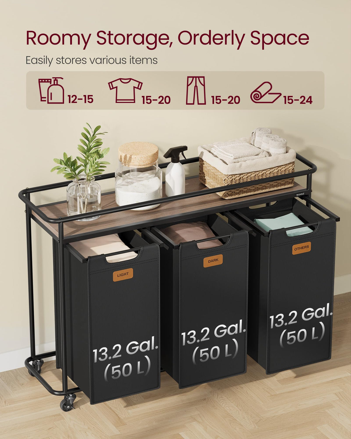 VASAGLE Laundry Sorter, Laundry Hamper with Wheels, 39.6 Gal. (150 L) Portable Rolling Cart Baskets