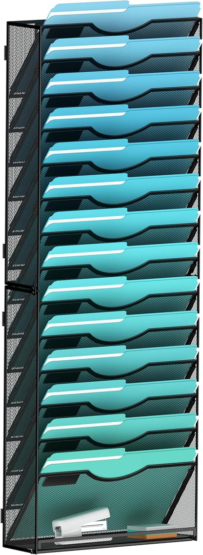 15-Tier Wall File Organizer Hanging Wall File Holder Wall Mount Paper Folder Organize, Mesh