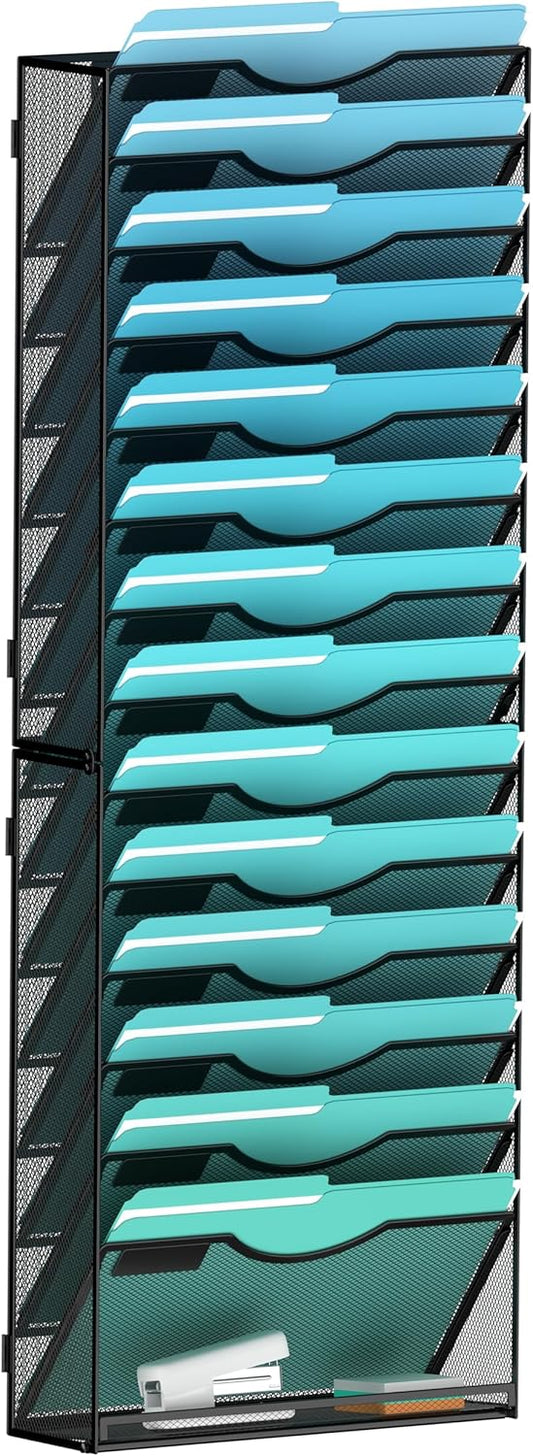 15-Tier Wall File Organizer Hanging Wall File Holder Wall Mount Paper Folder Organize, Mesh