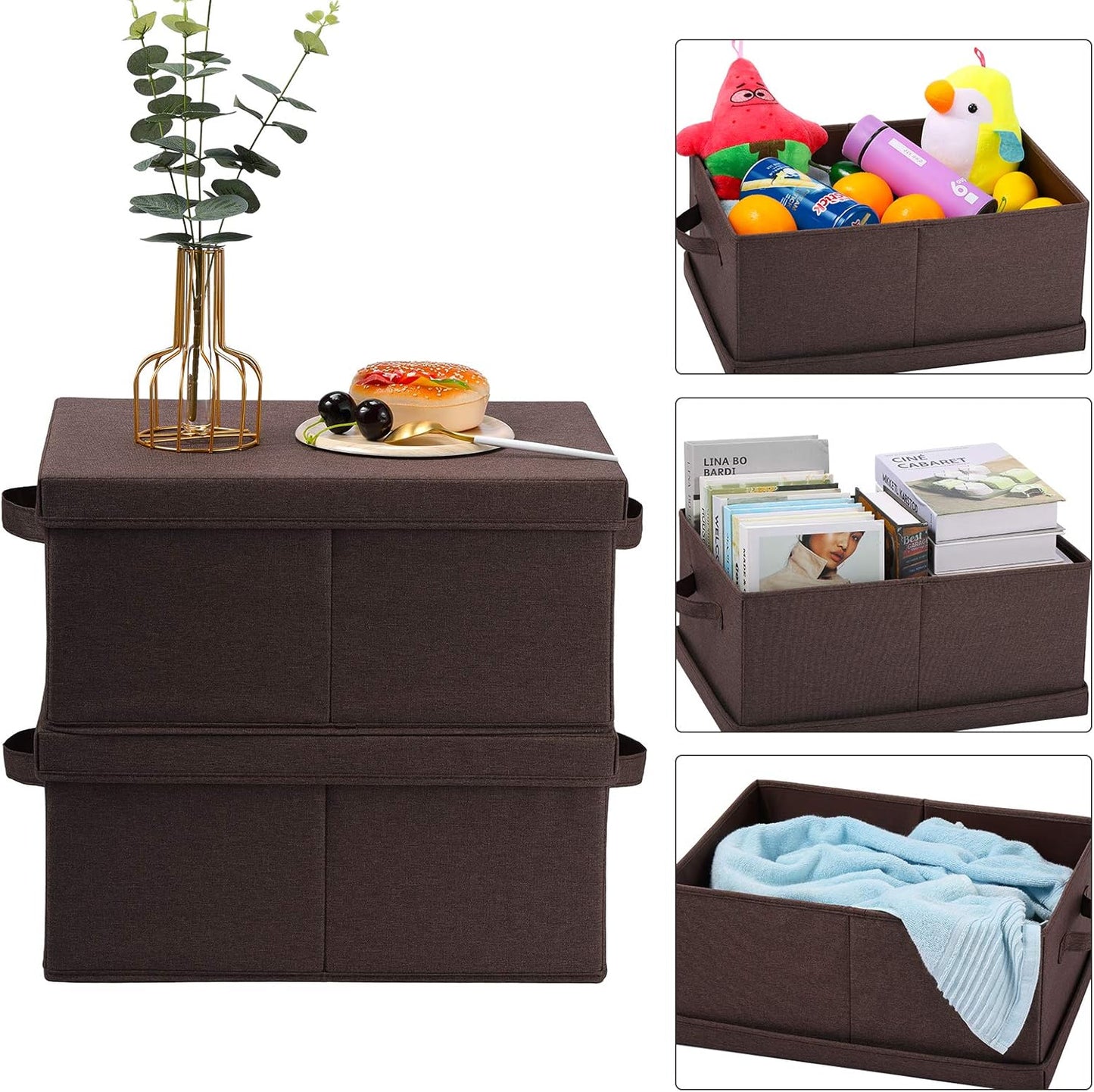 HOONEX Linen Foldable Storage Bins with Lids, 2 Pack, Storage Boxes with Carrying Handles and