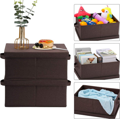 HOONEX Linen Foldable Storage Bins with Lids, 2 Pack, Storage Boxes with Carrying Handles and