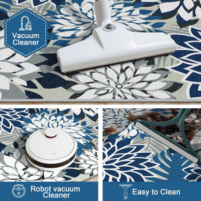 Area Rug 2x6 Blue White Washable Entry Rug Multicolored Tropical Botanical Modern Floral Indoor