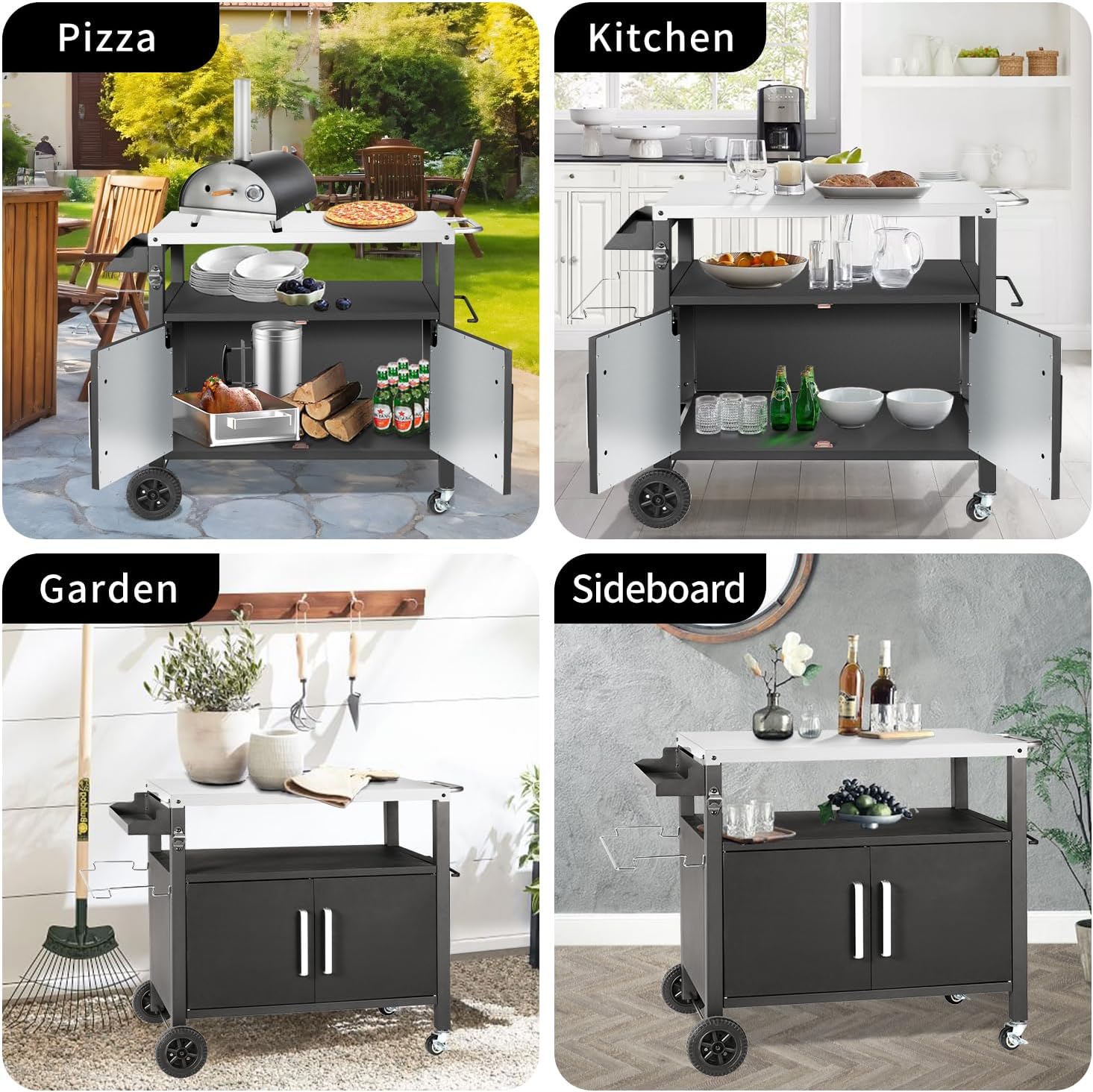 Dining Cart Table with Big Storage Cabinet, Movable Outdoor BBQ Grill Table Pizza Oven Stand