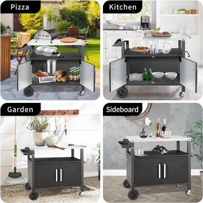 Dining Cart Table with Big Storage Cabinet, Movable Outdoor BBQ Grill Table Pizza Oven Stand