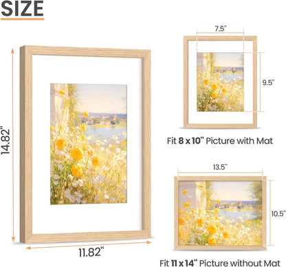 upsimples 11x14 Picture Frame, Natural Solid Wooden Picture Frames, Display 8x10 with Mat or 11 x