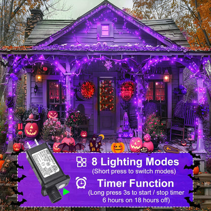 Purple Halloween Lights, 66FT 200 LED Halloween Lights Outdoor with 8 Modes Waterproof, Connectable