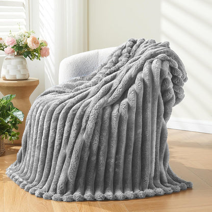 NEWCOSPLAY Super Soft Twin Blanket Light Grey Premium Silky Flannel Fleece 3D Ribbed Jacquard