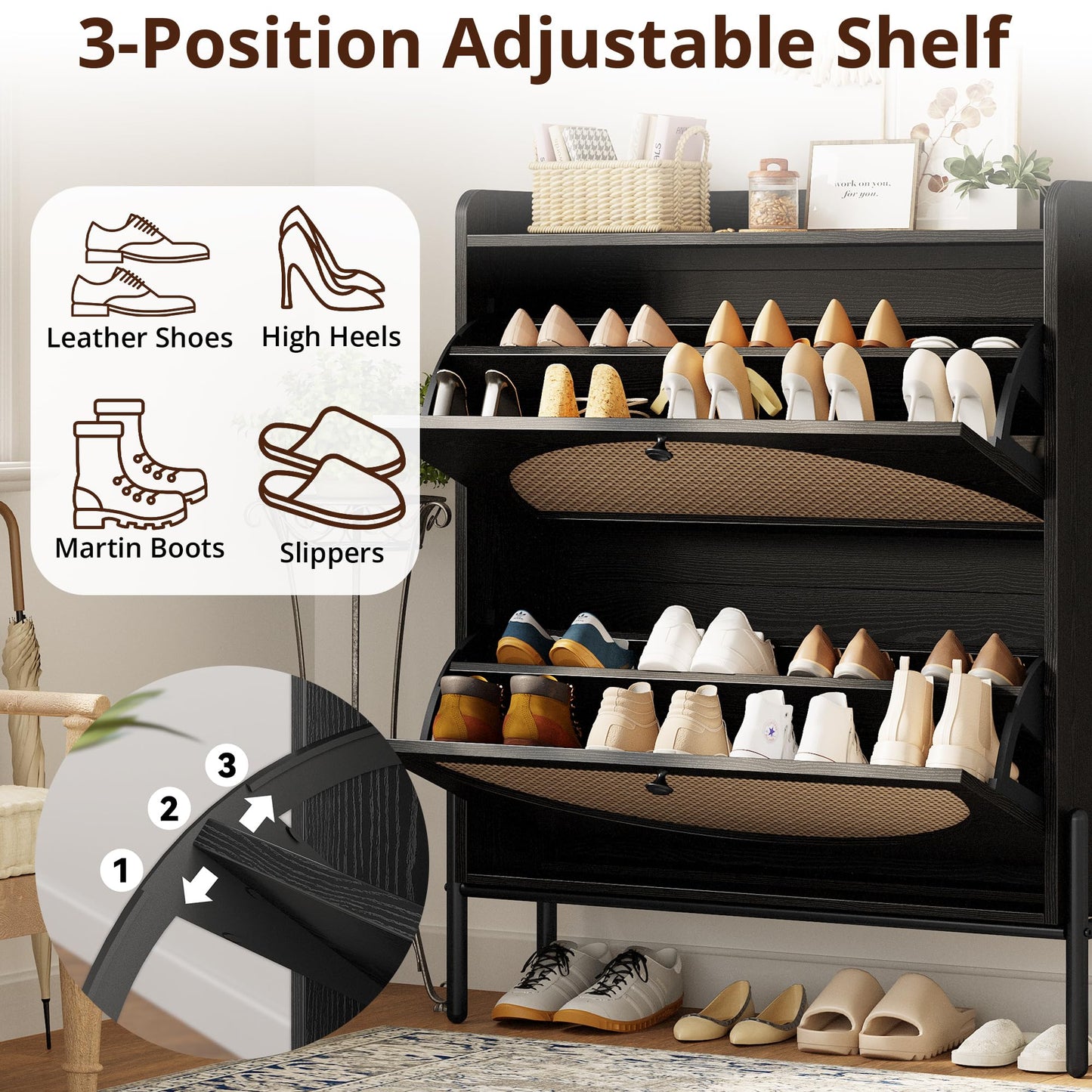 IRONCK Rattan Shoe Cabinet Storage with 2 Flip Drawers, Black