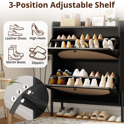 IRONCK Rattan Shoe Cabinet Storage with 2 Flip Drawers, Black