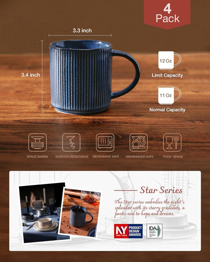famiware Coffee Mug Set for 4, Star 12 oz Catering Mugs Cup Set with Handle for Coffee, Tea, Cocoa